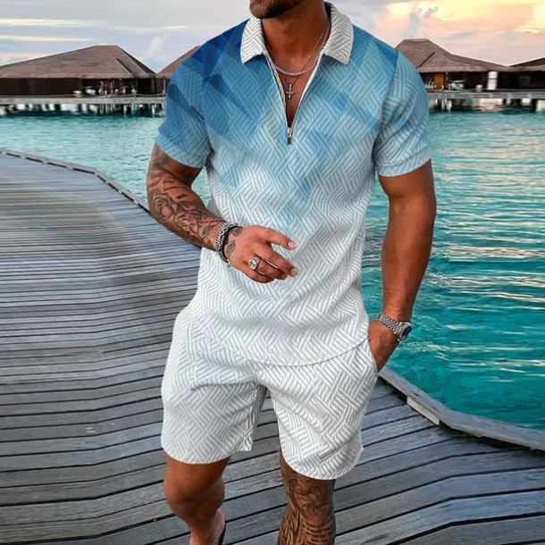 Men's Geometry Polo Shirt Golf Shirt Polo Set Short Sleeve Shirt Turndown Street Casual Black Yellow Blue Light Blue Zipper 2 Piece Clothing Apparel Fashion Designer Casual Breathable