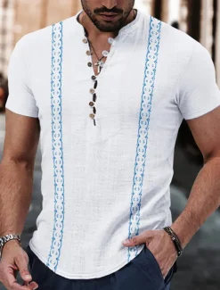 Men's Geometry Shirt Linen Shirt Button Up Shirt Short Sleeve Fashion Streetwear Designer Outdoor Casual Daily Spring & Summer Stand Collar Print White Pink Blue Green Khaki