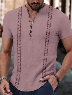 Men's Geometry Shirt Linen Shirt Button Up Shirt Short Sleeve Fashion Streetwear Designer Outdoor Casual Daily Spring & Summer Stand Collar Print White Pink Blue Green Khaki