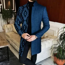 Men's Geometry Winter Coat Overcoat Coat Warm Breathable Comfortable Vintage Business Work Wear to work Going out Pocket Print Fall & Winter Stand Collar Long Sleeve Black Red Blue