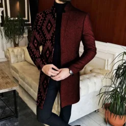 Men's Geometry Winter Coat Overcoat Coat Warm Breathable Comfortable Vintage Business Work Wear to work Going out Pocket Print Fall & Winter Stand Collar Long Sleeve Black Red Blue