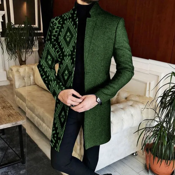 Men's Geometry Winter Coat Overcoat Coat Warm Breathable Comfortable Vintage Business Work Wear to work Going out Pocket Print Fall & Winter Stand Collar Long Sleeve Black Red Blue