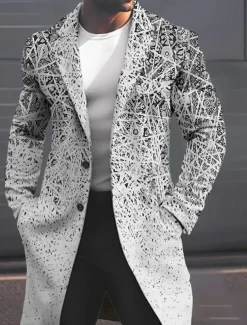 Men's Geometry Winter Coat Overcoat Coat Warm Breathable Comfortable Fashion Streetwear Business Work Wear to work Going out Pocket Print Fall & Winter Turndown Long Sleeve Yellow Pink Blue