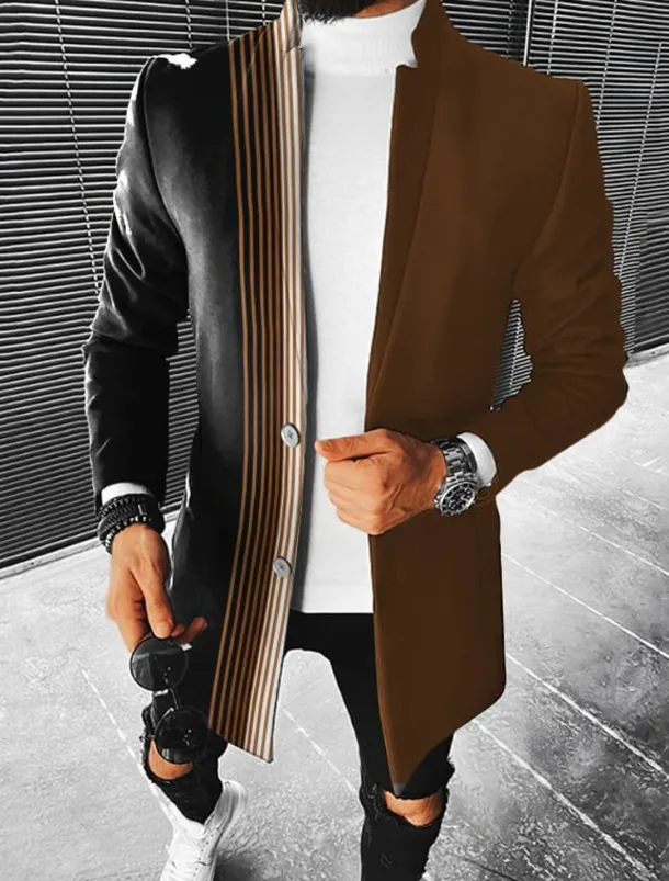 Men's Geometry Winter Coat Overcoat Coat Warm Breathable Comfortable Fashion Streetwear Business Work Wear to work Going out Pocket Print Fall & Winter Turndown Long Sleeve Brown khaki Gray