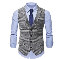 Men's Gilet Casual Daily Traditional Spring Autumn Basic Terylene Casual / Daily Houndstooth Single Breasted Closure collar Form Fit Black Vest