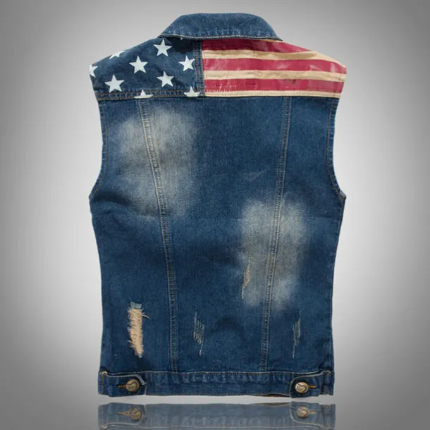 Men's Gilet Denim Vest Daily Wear Vacation Going out Fashion Basic Spring & Fall Button Pocket Cotton Blend Comfortable National Flag Single Breasted Lapel Regular Fit Blue Vest