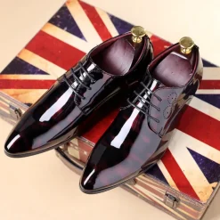 Men's Glossy Burgundy Patent Faux Leather Lace-Up Dress Shoes with Brogue Detailing - Formal Oxford Shoes for Weddings, Parties, and Business Events