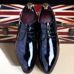 Men's Glossy Burgundy Patent Faux Leather Lace-Up Dress Shoes with Brogue Detailing - Formal Oxford Shoes for Weddings, Parties, and Business Events