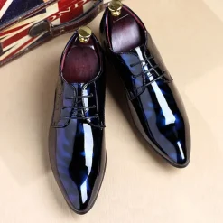 Men's Glossy Burgundy Patent Faux Leather Lace-Up Dress Shoes with Brogue Detailing - Formal Oxford Shoes for Weddings, Parties, and Business Events