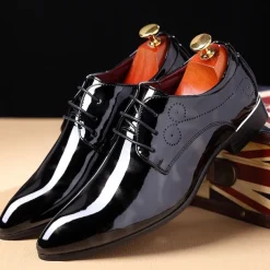 Men's Glossy Burgundy Patent Faux Leather Lace-Up Dress Shoes with Brogue Detailing - Formal Oxford Shoes for Weddings, Parties, and Business Events