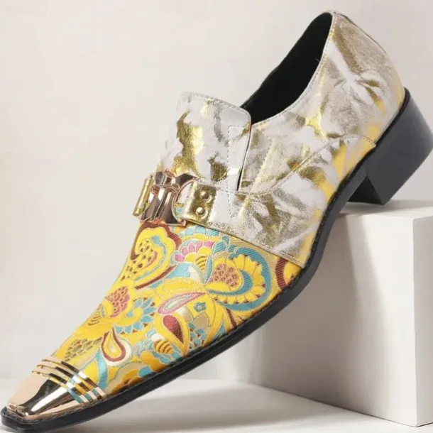 Men's Gold and White Leather Floral Design Dress Shoes–Elegant Formal Footwear for Weddings and Gala Events