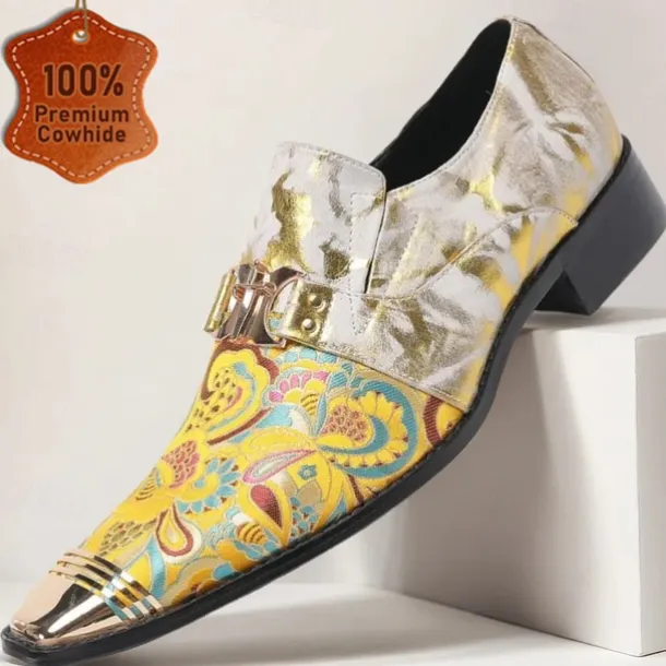 Men's Gold and White Leather Floral Design Dress Shoes–Elegant Formal Footwear for Weddings and Gala Events