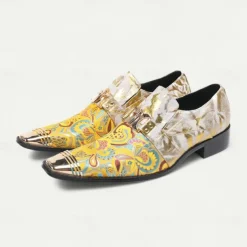 Men's Gold and White Leather Floral Design Dress Shoes–Elegant Formal Footwear for Weddings and Gala Events