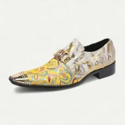 Men's Gold and White Leather Floral Design Dress Shoes–Elegant Formal Footwear for Weddings and Gala Events