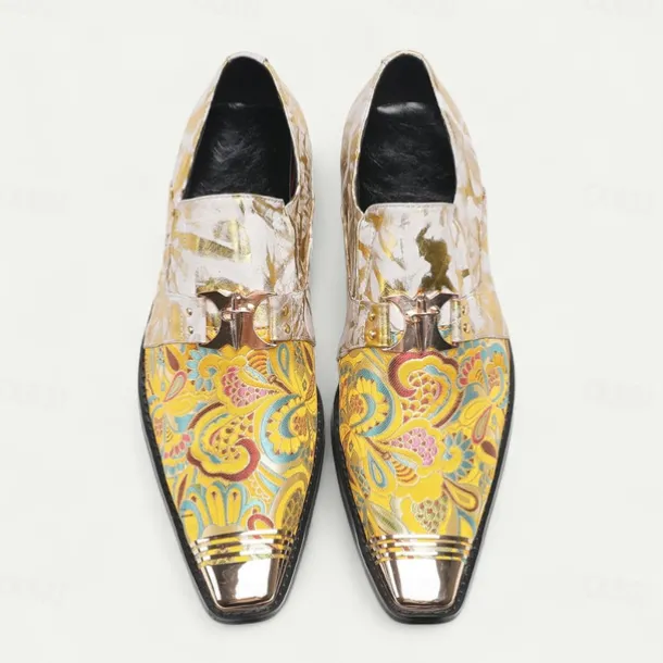 Men's Gold and White Leather Floral Design Dress Shoes–Elegant Formal Footwear for Weddings and Gala Events