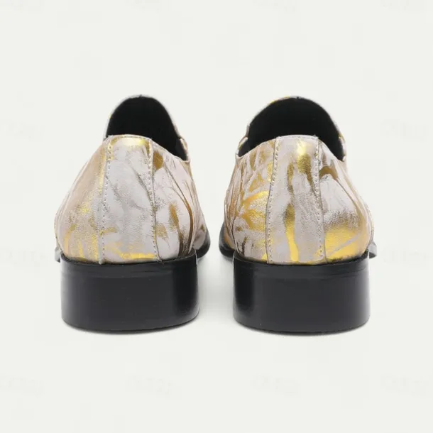 Men's Gold and White Leather Floral Design Dress Shoes–Elegant Formal Footwear for Weddings and Gala Events