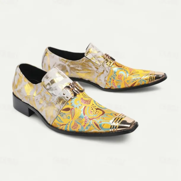 Men's Gold and White Leather Floral Design Dress Shoes–Elegant Formal Footwear for Weddings and Gala Events