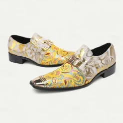 Men's Gold and White Leather Floral Design Dress Shoes–Elegant Formal Footwear for Weddings and Gala Events