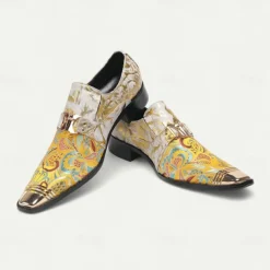 Men's Gold and White Leather Floral Design Dress Shoes–Elegant Formal Footwear for Weddings and Gala Events