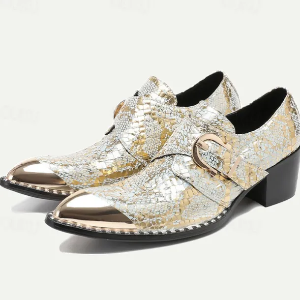 Men's Gold Metallic Leather Dress Shoes with Snake Skin Pattern, Square Toe and Buckle Detail - Perfect for Weddings, Parties, and Other Special Events