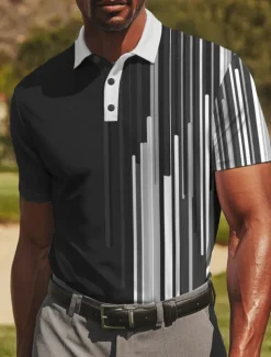 Men's Golf Line Polo Sports Polo Shirts Short Sleeve Polo Shirts Collared Shirts Casual Athleisure Buttons Summer Black Red Blue