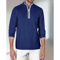 Men's Golf Polo Shirt Navy Blue Long Sleeve Top Golf Attire Clothes Outfits Wear Apparel