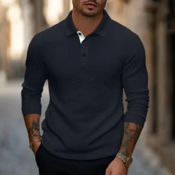 Men's Golf Polo Waffle Knit Polo Shirt Business Casual Ribbed Polo Collar Long Sleeve Fashion Basic Solid Color Knitting Fall Winter Regular Fit Dark Grey Black Army Green Navy Blue Light Grey Golf