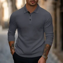 Men's Golf Polo Waffle Knit Polo Shirt Business Casual Ribbed Polo Collar Long Sleeve Fashion Basic Solid Color Knitting Fall Winter Regular Fit Dark Grey Black Army Green Navy Blue Light Grey Golf