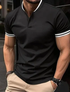 Men's Golf Shirt Golf Polos Shirts Work Casual Lapel Short Sleeve Basic Modern Color Block Patchwork Buttons Summer Regular Fit Black White Red Khaki Golf Shirt