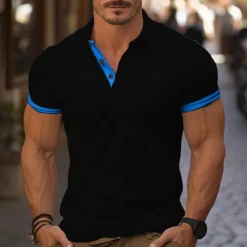 Men's Golf Shirt Golf Polo Work Casual Lapel Short Sleeve Basic Modern Color Block Deer Patchwork Embroidered Spring & Summer Regular Fit Wine Lake Blue Denim Blue Navy blue+white Dark Gray+Light