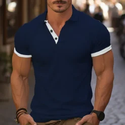 Men's Golf Shirt Golf Polo Work Casual Lapel Short Sleeve Basic Modern Color Block Deer Patchwork Embroidered Spring & Summer Regular Fit Wine Lake Blue Denim Blue Navy blue+white Dark Gray+Light