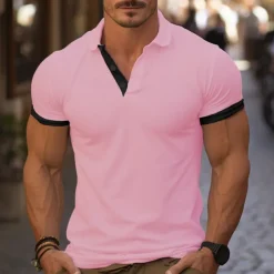 Men's Golf Shirt Golf Polo Work Casual Lapel Short Sleeve Basic Modern Color Block Deer Patchwork Embroidered Spring & Summer Regular Fit Wine Lake Blue Denim Blue Navy blue+white Dark Gray+Light