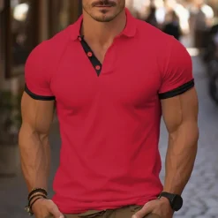 Men's Golf Shirt Golf Polo Work Casual Lapel Short Sleeve Basic Modern Color Block Deer Patchwork Embroidered Spring & Summer Regular Fit Wine Lake Blue Denim Blue Navy blue+white Dark Gray+Light