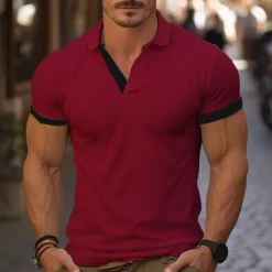 Men's Golf Shirt Golf Polo Work Casual Lapel Short Sleeve Basic Modern Color Block Deer Patchwork Embroidered Spring & Summer Regular Fit Wine Lake Blue Denim Blue Navy blue+white Dark Gray+Light