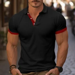 Men's Golf Shirt Golf Polo Work Casual Lapel Short Sleeve Basic Modern Color Block Deer Patchwork Embroidered Spring & Summer Regular Fit Wine Lake Blue Denim Blue Navy blue+white Dark Gray+Light