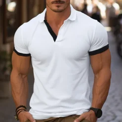 Men's Golf Shirt Golf Polo Work Casual Lapel Short Sleeve Basic Modern Color Block Deer Patchwork Embroidered Spring & Summer Regular Fit Wine Lake Blue Denim Blue Navy blue+white Dark Gray+Light