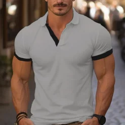 Men's Golf Shirt Golf Polo Work Casual Lapel Short Sleeve Basic Modern Color Block Deer Patchwork Embroidered Spring & Summer Regular Fit Wine Lake Blue Denim Blue Navy blue+white Dark Gray+Light