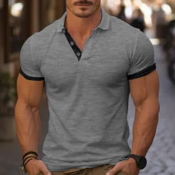 Men's Golf Shirt Golf Polo Work Casual Lapel Short Sleeve Basic Modern Color Block Deer Patchwork Embroidered Spring & Summer Regular Fit Wine Lake Blue Denim Blue Navy blue+white Dark Gray+Light