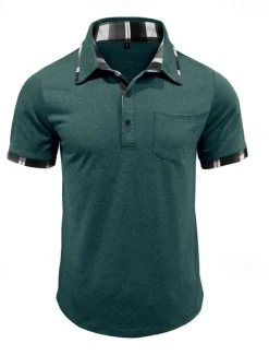 Men's Golf Shirt Golf Polos Shirts Work Casual Lapel Short Sleeve Basic Modern Plaid Color Block Patchwork Buttons Summer Spring Regular Fit Wine Black Blue Green Khaki Light Grey Golf Shirt