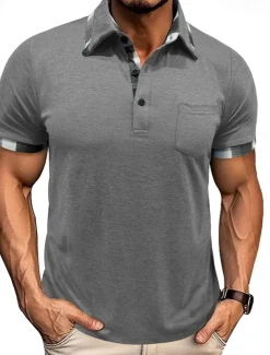 Men's Golf Shirt Golf Polos Shirts Work Casual Lapel Short Sleeve Basic Modern Plaid Color Block Patchwork Buttons Summer Spring Regular Fit Wine Black Blue Green Khaki Light Grey Golf Shirt