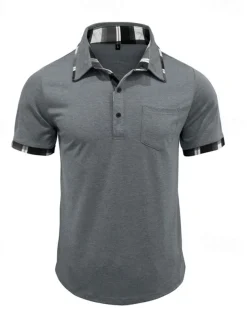 Men's Golf Shirt Golf Polos Shirts Work Casual Lapel Short Sleeve Basic Modern Plaid Color Block Patchwork Buttons Summer Spring Regular Fit Wine Black Blue Green Khaki Light Grey Golf Shirt