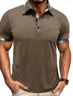 Men's Golf Shirt Golf Polos Shirts Work Casual Lapel Short Sleeve Basic Modern Plaid Color Block Patchwork Buttons Summer Spring Regular Fit Wine Black Blue Green Khaki Light Grey Golf Shirt