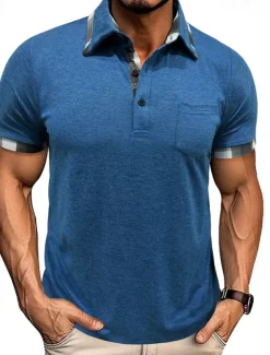 Men's Golf Shirt Golf Polos Shirts Work Casual Lapel Short Sleeve Basic Modern Plaid Color Block Patchwork Buttons Summer Spring Regular Fit Wine Black Blue Green Khaki Light Grey Golf Shirt