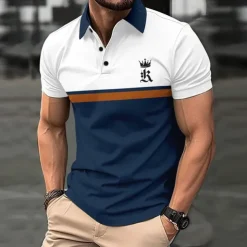 Men's Golf Shirt Golf Polo Work Casual Lapel Short Sleeve Basic Modern Color Block Patchwork Button Spring & Summer Regular Fit Black Dark navy Royal Blue Blue Orange Green Golf Shirt