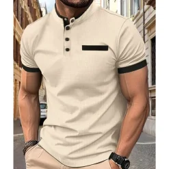 Men's Golf Shirt Golf Polo Work Casual Stand Collar Short Sleeve Basic Modern Color Block Patchwork Button Spring & Summer Regular Fit Wine Black White Navy Blue Khaki Golf Shirt