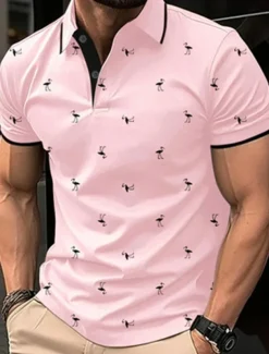 Men's Golf Shirt Golf Polos Shirts Work Casual Lapel Short Sleeve Basic Modern Flamingo Buttons Summer Spring Regular Fit Lake blue Wine Dark Red Pink Dark Pink Blue Golf Shirt