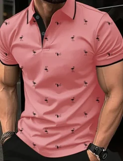 Men's Golf Shirt Golf Polos Shirts Work Casual Lapel Short Sleeve Basic Modern Flamingo Buttons Summer Spring Regular Fit Lake blue Wine Dark Red Pink Dark Pink Blue Golf Shirt