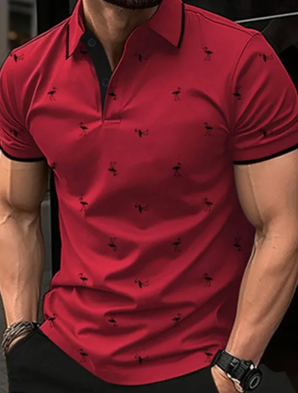 Men's Golf Shirt Golf Polos Shirts Work Casual Lapel Short Sleeve Basic Modern Flamingo Buttons Summer Spring Regular Fit Lake blue Wine Dark Red Pink Dark Pink Blue Golf Shirt