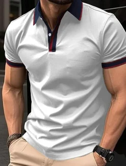 Men's Golf Shirt Golf Polos Shirts Work Casual Lapel Short Sleeve Basic Modern Color Block Patchwork Buttons Summer Spring Regular Fit Apricot Black White Red Blue Orange Golf Shirt