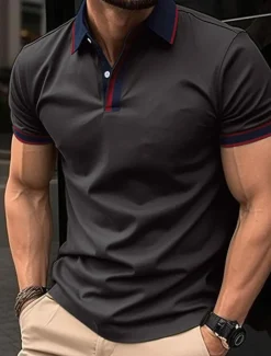 Men's Golf Shirt Golf Polos Shirts Work Casual Lapel Short Sleeve Basic Modern Color Block Patchwork Buttons Summer Spring Regular Fit Apricot Black White Red Blue Orange Golf Shirt